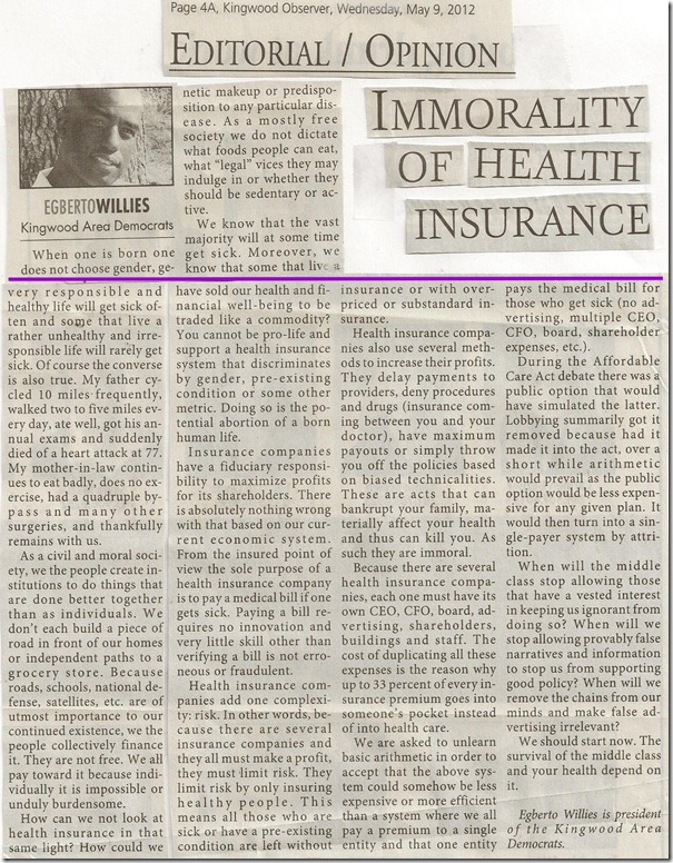 Kingwood Observer (Immorality Of Health Insurance)