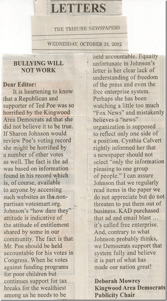 Deborah Mowrey Letter To Editor In Tribune (2012-10-17)