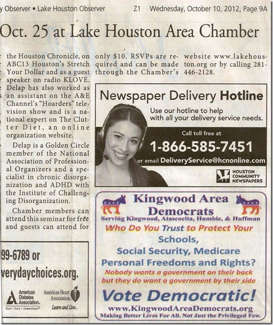 Kingwood Area Democrats Ad In Kingwood Observer (2012-10-10)
