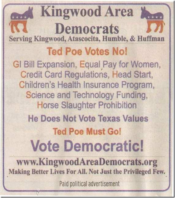 Kingwood Area Democrats Ad In Tribune (2012-10-17)