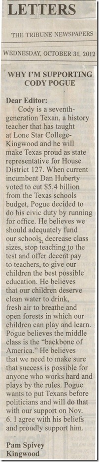 Pam Spivey Letter To Editor In Tribune (2012-10-17)