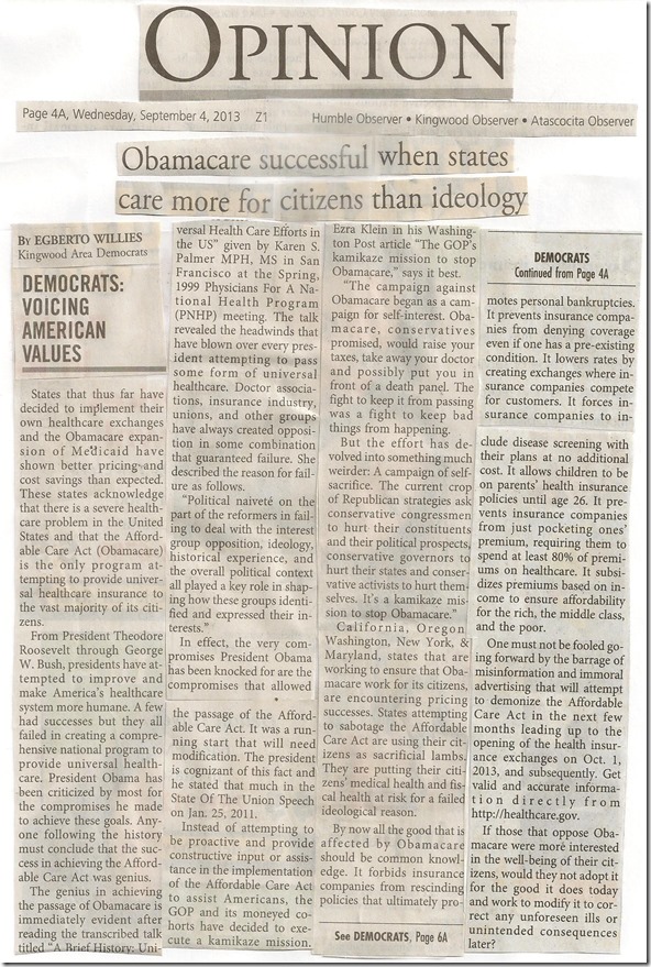 Kingwood Observer Article (Egberto) Obamacare