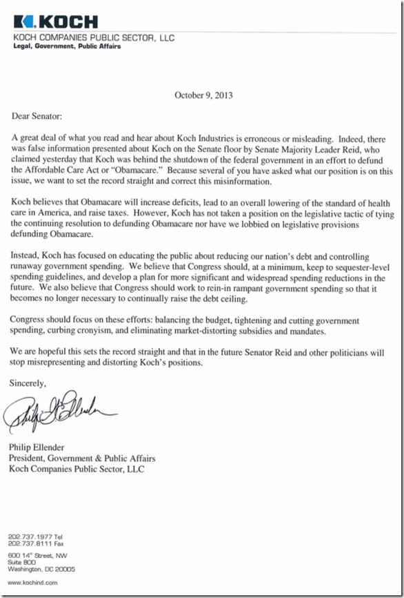 Koch Brothers Letter To Congress Government Shutdown Strategy