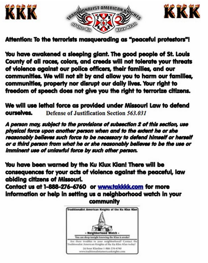 KKK Flyer Ferguson Missouri