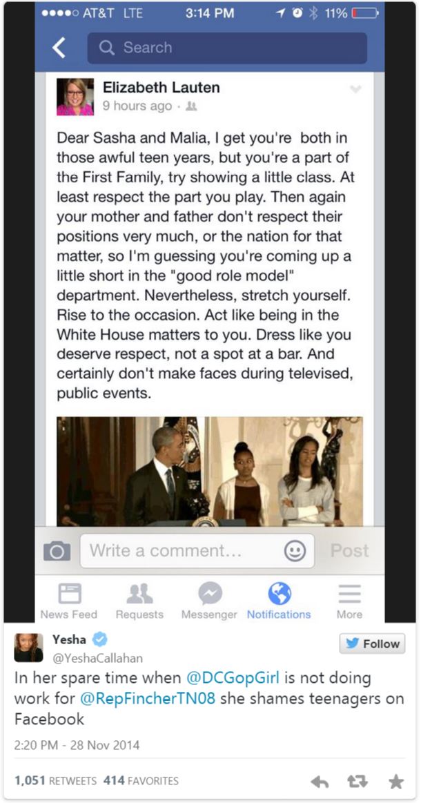 Republican House staffer Elizabeth Lauten Facebook Post Message