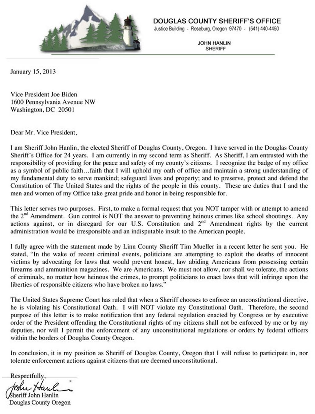 John Hanlin letter to Vice President Biden