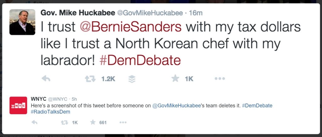 Mike Huckabee racist tweet - I trust @BernieSanders with my tax dollars like I trust a North Korean chef with my labrador! #DemDebate