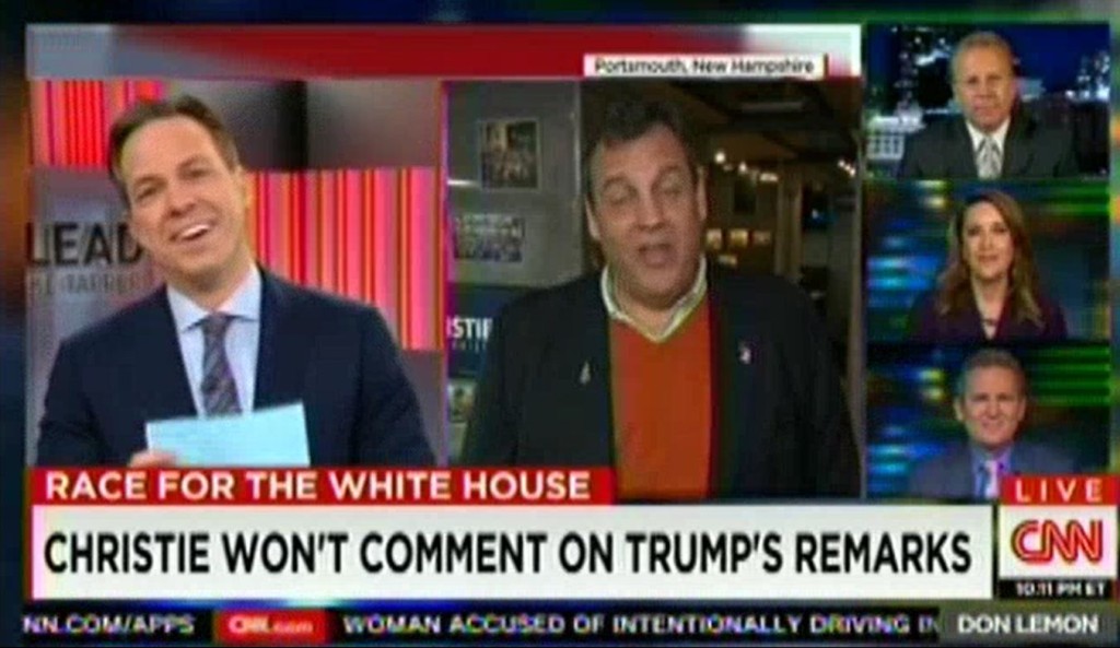 CNN Jake Tapper laughs as Chris Christie cowers in response to Donald Trump's vulgar comments (VIDEO)