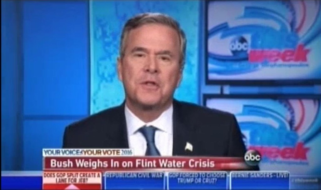 Jeb Bush praises Michigan governor for 'taken responsibility' amid water crisis.