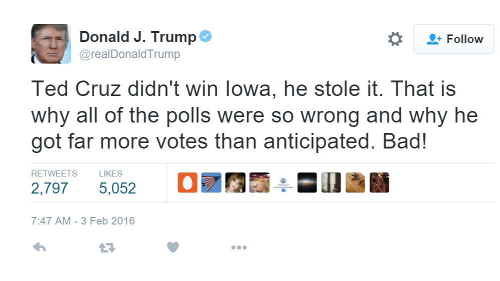 Donald Trump says Ted Cruz stole the Iowa Caucus