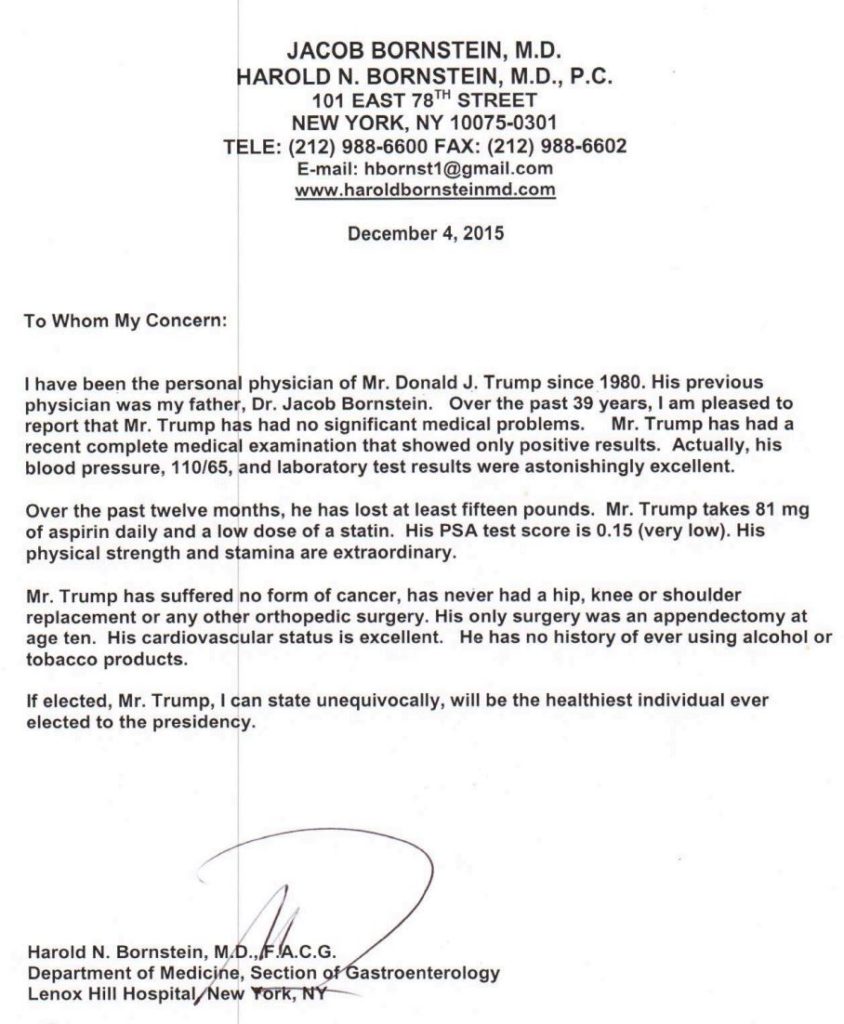 Letter from Donald Trump's Doctor, Dr. Harold Bornstein, regarding his health status