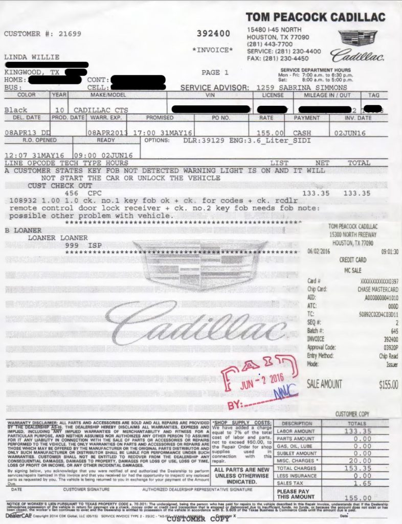 Tom Peacock Cadillac Invoice for bad diagnosis