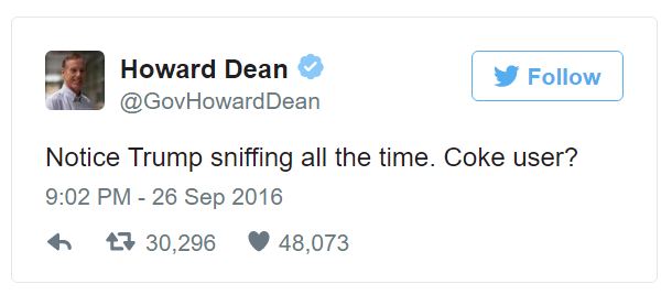 howard dean cocaine tweet about trump possible coke use