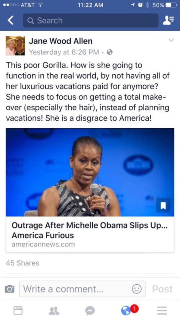 Teacher Jane Wood Allen Facebook Michelle Obama racist post