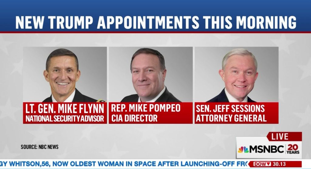 trump appointments, lt gen mike flynn, rep mike, pompeo, sen jeff sessions