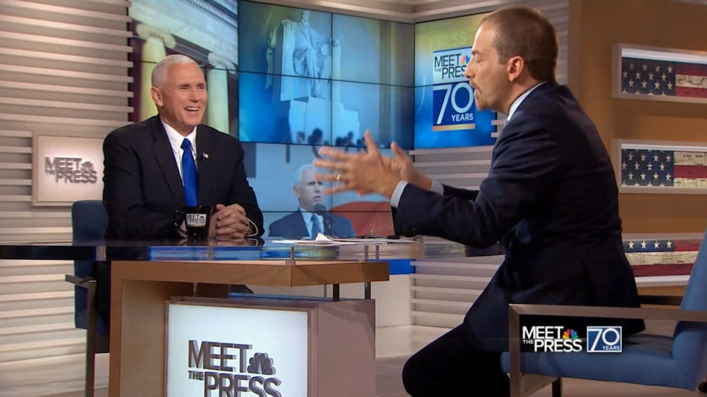 When Chuck Todd used Mike Pence's words against him, he displayed an embarrassed smile but amazingly reverted to form after a few seconds.