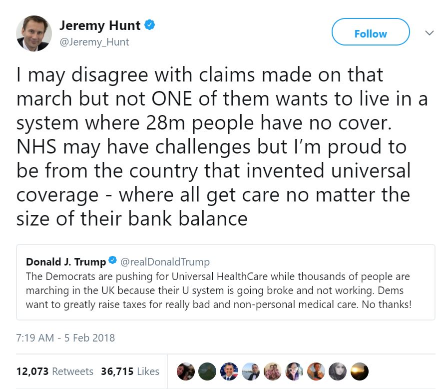 British Health Secretary Jeremy Hunt responds to Trumps healthcare tweet