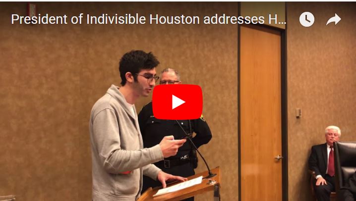 Indivisible Houston Questions Harris County Commissioner’s Court Over “Damning” Report on Hurricane Harvey at Public Hearing