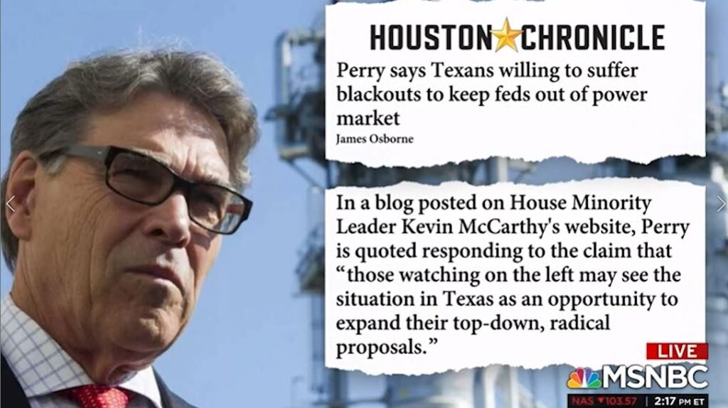 Rick Perry, Fmr. Governor, says Texans willing to go days without power to skirt federal regulation