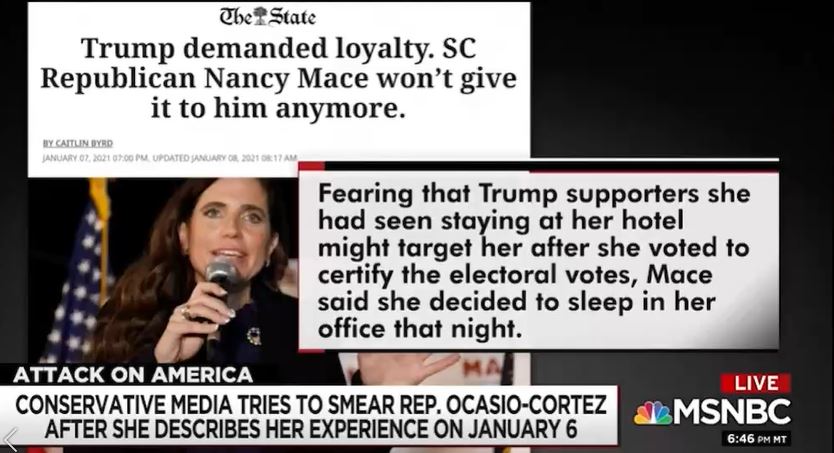 Turns out the liar is Rep. Nancy Mace (R-SC) She implied AOC lied about her insurrection account