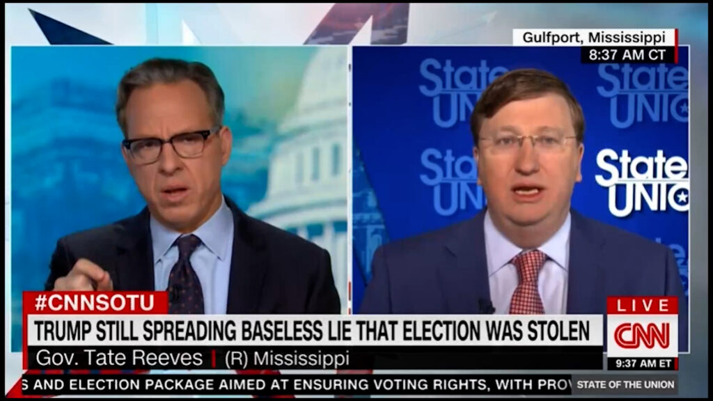 CNN Tapper pressures Mississippi Governor Tate Reeves on Trump election conspiracy theory, FAIL!