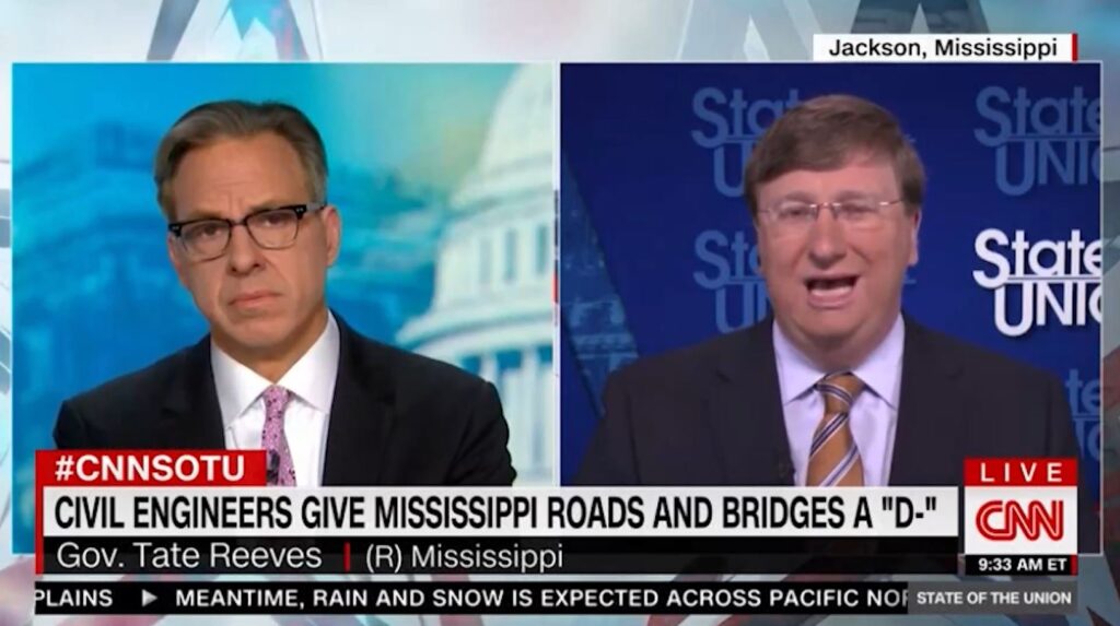 Jake Tapper lets the Mississippi Governor spin infrastructure bill lies. We correct the record.
