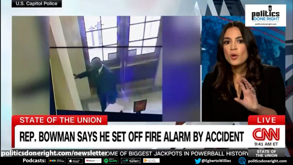 AOC defends Jamaal Bowman from fire alarm attack as she slams GOP hypocritical false equivalence.